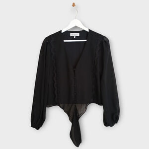 Wayf Blouse Women Small Black Chiffon Whimsy Goth Witchcore Tie Front Cropped